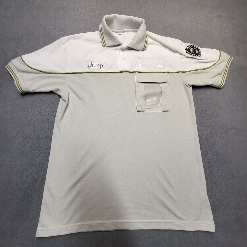 VTG Jeep Mens Polo Shirt Size S Green White UAW ID Holder Short Sleeve